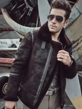 Mens B3 aviator shearling jacket with plush fur collar and leather exterior.