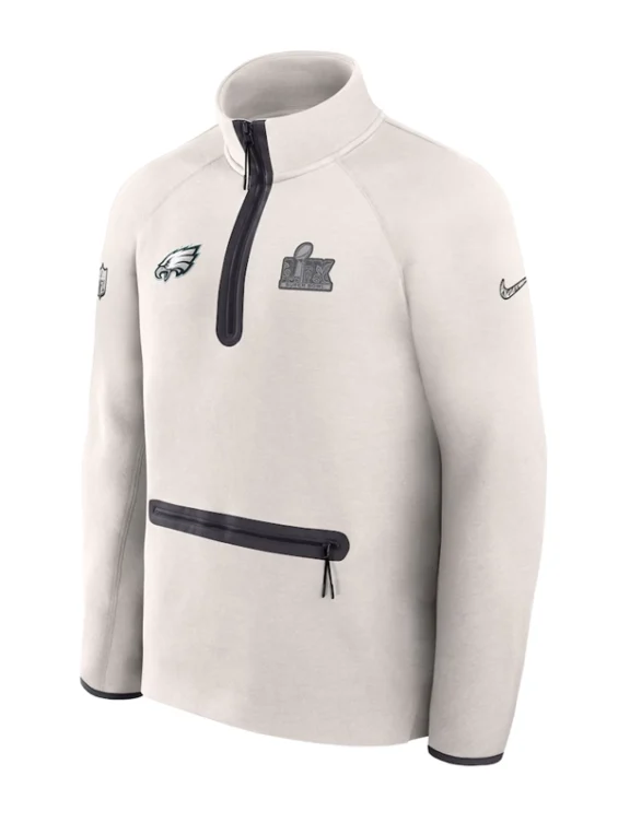 mens-nike-cream-philadelphia-eagles-super-bowl-lix-opening-night-tech-fleece-half-zip-top-Jacket
