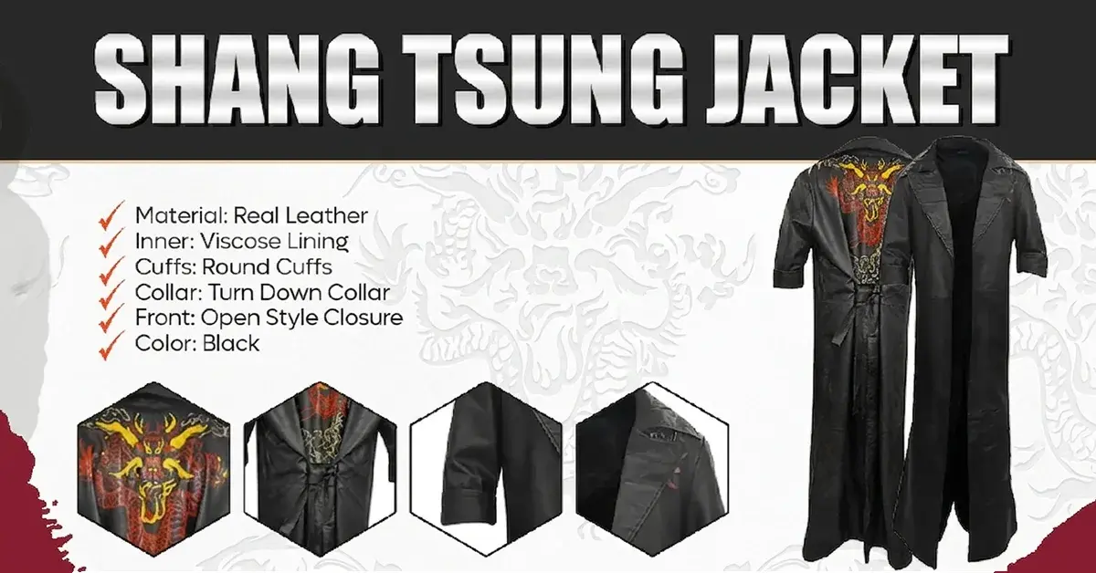 Long black real leather trench coat with an open front and a prominent multi-colored dragon embroidery design on the back panel.