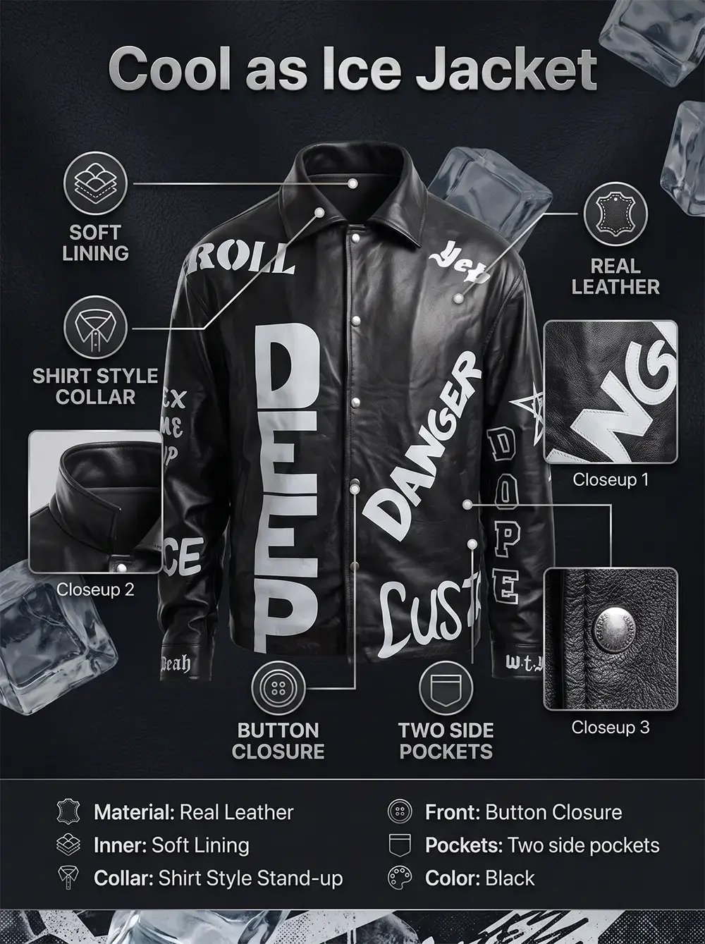 Product features infographic for a men's black leather bomber jacket decorated with bold white text graphics like "DEEP" and "DANGER", displaying detailed material and hardware close-ups.