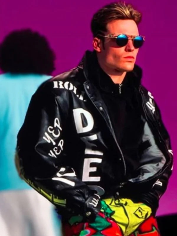 High-quality movie-inspired leather outerwear with unique text graphics and practical side pockets.