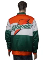 Gatorade Nostalgic Club Racer Bomber Jacket back view highlighting the bold retro logo and vibrant color-blocked satin panels.