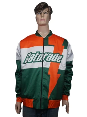 Gatorade Nostalgic Club Racer Bomber Jacket front view showcasing the classic zip-up closure and signature racing-style sponsor patches.