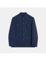 Front view of the blue wool jacket with gold buttons.