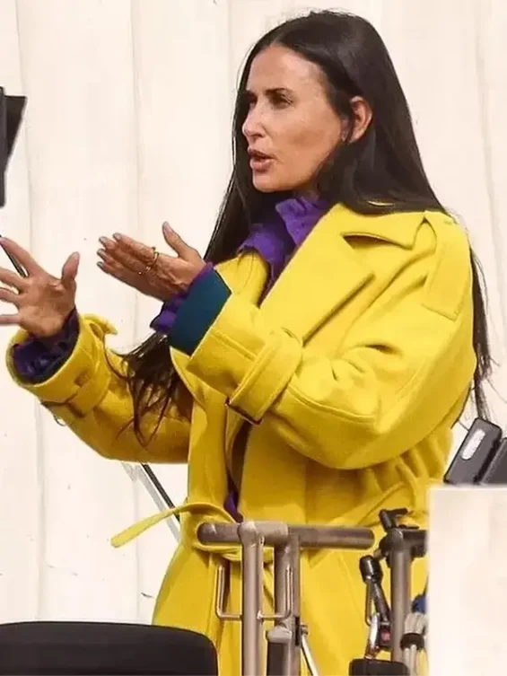 The-Substance-2024-Demi-Moore-Yellow-Trench-Coat