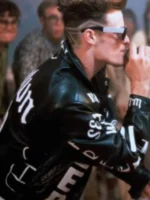 Front view of a custom-recreated leather jacket with a shirt-style stand-up collar and button closure.