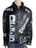 A side view of the Cool as Ice leather jacket, highlighting the "Ice" graphic on the sleeve and the intricate fringe detailing.