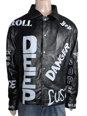 A side view of the Cool as Ice leather jacket, highlighting the "Ice" graphic on the sleeve and the intricate fringe detailing.