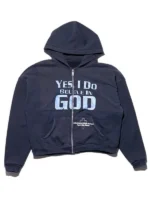 Front view of a casual zip-up hoodie with a large printed statement graphic and a functional drawstring hood.