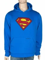 Full front view of the royal blue Youngla Superman hoodie on a male mannequin. Features a large, officially inspired red and yellow embroidered Superman shield logo prominently stitched across the chest, a spacious lower kangaroo pocket with subtle "YOUNGLA" text branding, and a cozy pullover hood structure.