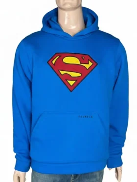 Full front view of the royal blue Youngla Superman hoodie on a male mannequin. Features a large, officially inspired red and yellow embroidered Superman shield logo prominently stitched across the chest, a spacious lower kangaroo pocket with subtle "YOUNGLA" text branding, and a cozy pullover hood structure.