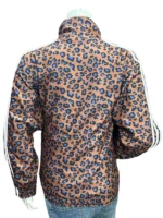 The back view of the Adidas Leopard Firebird Oversized Track Jacket showing the loose fit.