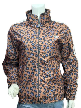 A front view of the Adidas Leopard Firebird Oversized Track Jacket with a full zip.