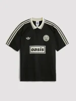 Adidas x Oasis Tour Jacquard Jersey black front view with cream white Oasis wordmark Adidas trefoil and off-white Three Stripes