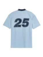 Adidas x Oasis Tour Jacquard Jersey clear sky blue back view with number 25 in deep navy and Adidas trefoil graphic
