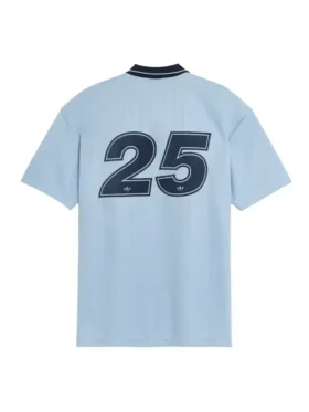 Adidas x Oasis Tour Jacquard Jersey clear sky blue back view with number 25 in deep navy and Adidas trefoil graphic