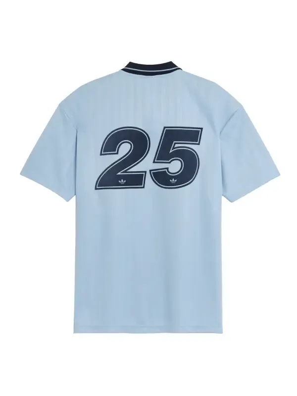Adidas x Oasis Tour Jacquard Jersey clear sky blue back view with number 25 in deep navy and Adidas trefoil graphic
