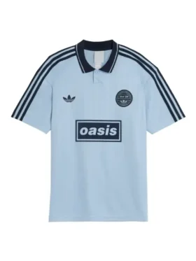 Adidas x Oasis Tour Jacquard Jersey clear sky blue front view with navy Oasis sponsor-block wordmark Adidas trefoil and Three Stripes sleeves