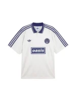 Adidas x Oasis Tour Jacquard Jersey cream white front view with Oasis sponsor-block wordmark Adidas trefoil and Three Stripes sleeves