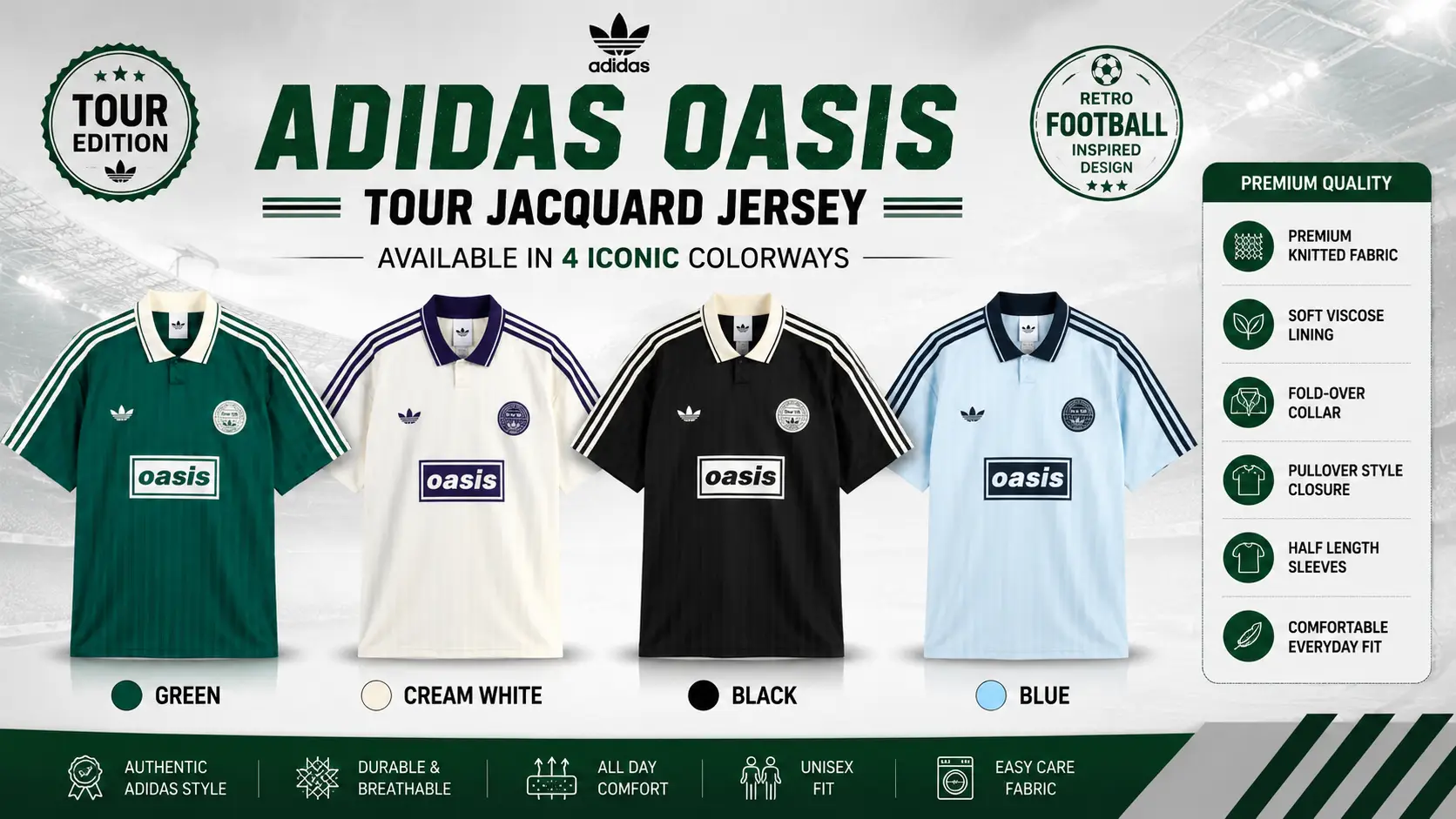 Adidas Oasis Tour Jacquard Jersey in green, cream white, black and blue colorways with premium knitted fabric