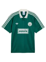 Adidas x Oasis Tour Jacquard Jersey green front view with cream Oasis sponsor-block wordmark Adidas trefoil Live 25 tour badge and white Three Stripes