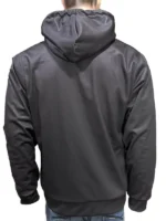 The back view of a grey Coach Hoodie showing the smooth fabric and hood.