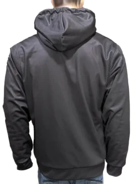 The back view of a grey Coach Hoodie showing the smooth fabric and hood.