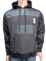 Front view of a classic Coach Pullover Fleece Hoodie with a comfortable drawstring hood.