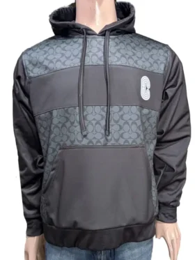 Front view of a classic Coach Pullover Fleece Hoodie with a comfortable drawstring hood.