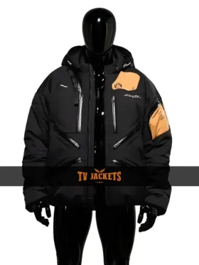 Front view of Death Stranding 2 jacket in black color featuring hooded collar, full zipper closure, and sleek game-inspired design.