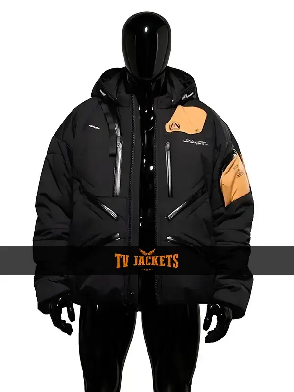 Front view of Death Stranding 2 jacket in black color featuring hooded collar, full zipper closure, and sleek game-inspired design.