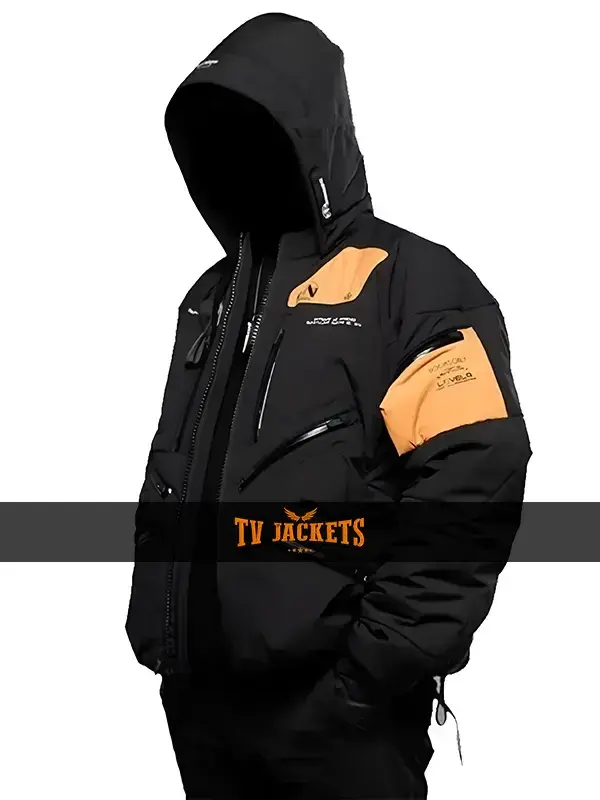 Death Stranding 2 black jacket styling view showing hooded design, zip closure, and modern game-inspired street look.