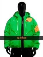 Front view of Death Stranding 2 green jacket with hooded collar, zip closure, and clean game-inspired styling.