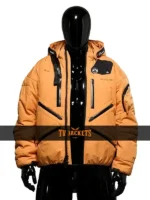 Front view of Death Stranding 2 orange jacket with hooded collar, zip closure, and standout game-inspired style.