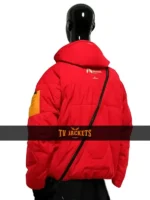 Back side view of Death Stranding 2 red jacket showing hooded design, smooth fabric, and modern streetwear shape.
