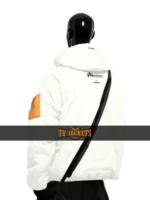 Back side view of Death Stranding 2 white jacket showing hooded collar, clean lines, and futuristic streetwear style.