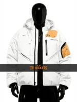 Front view of Death Stranding 2 white jacket showing hooded collar, zip front, and futuristic game-inspired design.