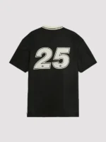 Adidas x Oasis Tour Jacquard Jersey black back view with cream number 25 graphic and Adidas trefoil on premium knitted jersey