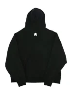 Graviet Logo Black Pullover Hoodie back view showing small white star emblem on upper back with hooded collar and ribbed cuffs