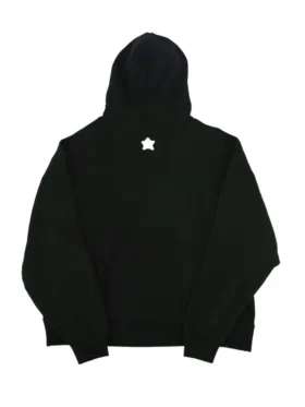 Graviet Logo Black Pullover Hoodie back view showing small white star emblem on upper back with hooded collar and ribbed cuffs