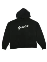Graviet Logo Pullover Hoodie front view showing white Graviet script logo on chest with ribbed cuffs and hooded collar