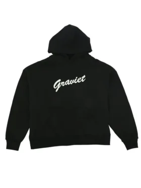 Graviet Logo Pullover Hoodie front view showing white Graviet script logo on chest with ribbed cuffs and hooded collar