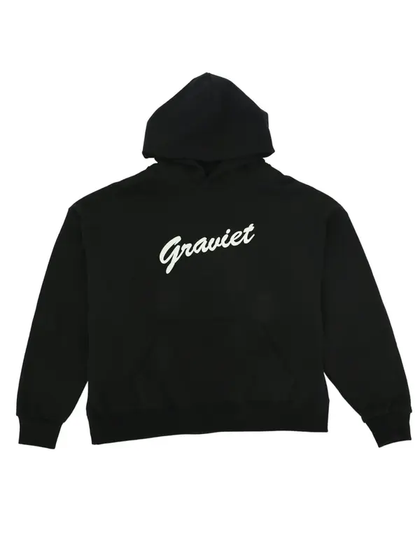 Graviet Logo Pullover Hoodie front view showing white Graviet script logo on chest with ribbed cuffs and hooded collar