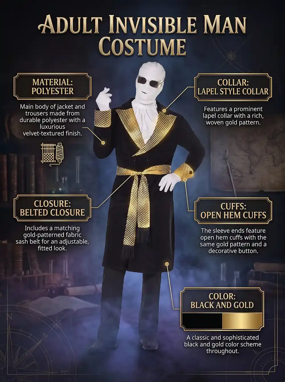 An infographic detailing an Adult Invisible Man Costume featuring a black jacket and trousers, a gold-patterned sash belt, a prominent lapel collar with a woven gold pattern, open hem cuffs, and a fully bandaged head with sunglasses.