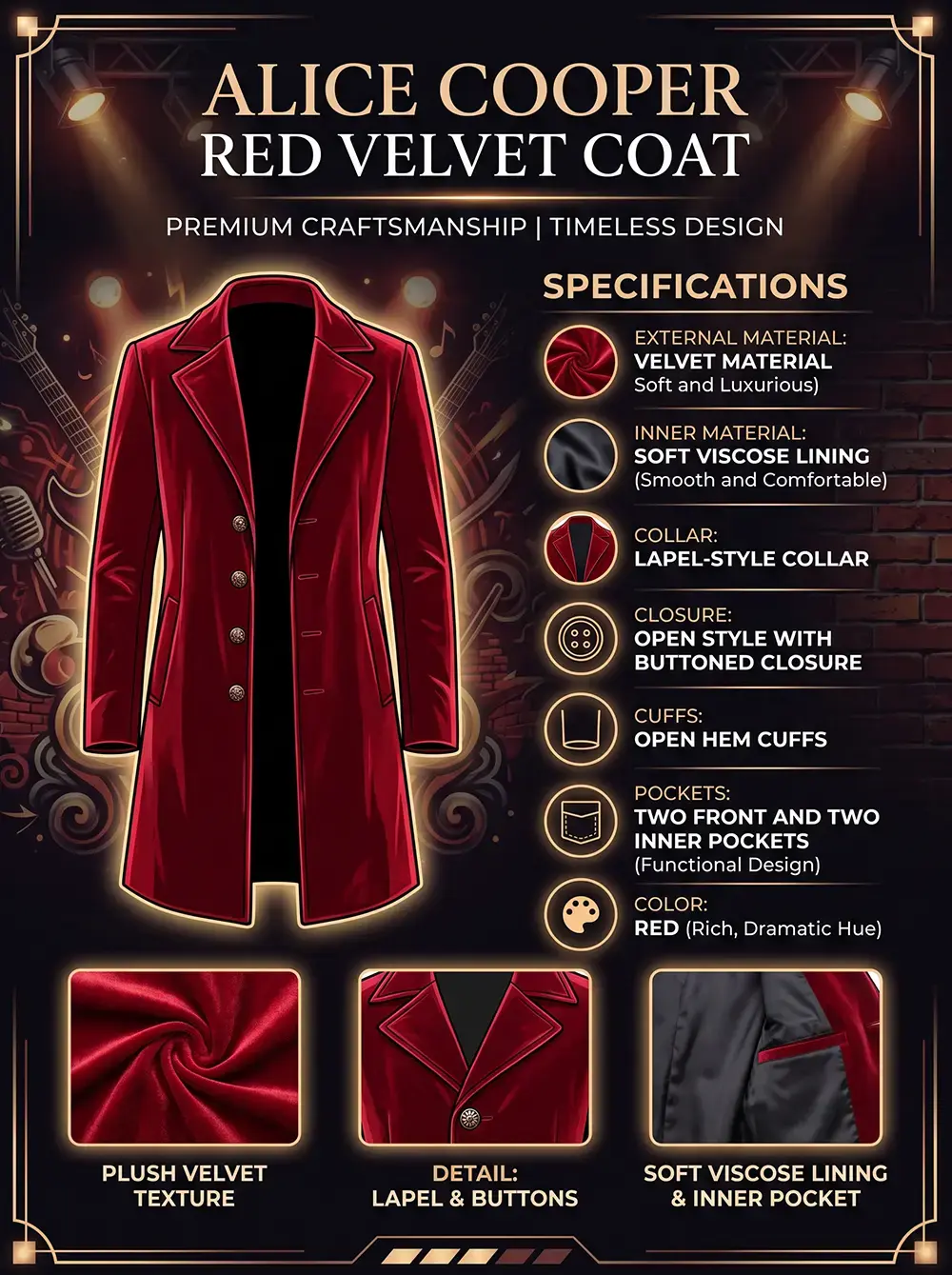 A men's long red velvet trench coat featuring close-ups of the plush fabric texture, lapel collar with buttons, and inner viscose lining.