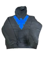 Nightwing Hoodie front view featuring a signature blue bird emblem and a premium heavy-weight black finish for a high-status look.