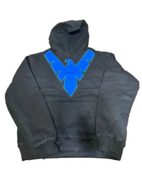 Nightwing Hoodie front view featuring a signature blue bird emblem and a premium heavy-weight black finish for a high-status look.