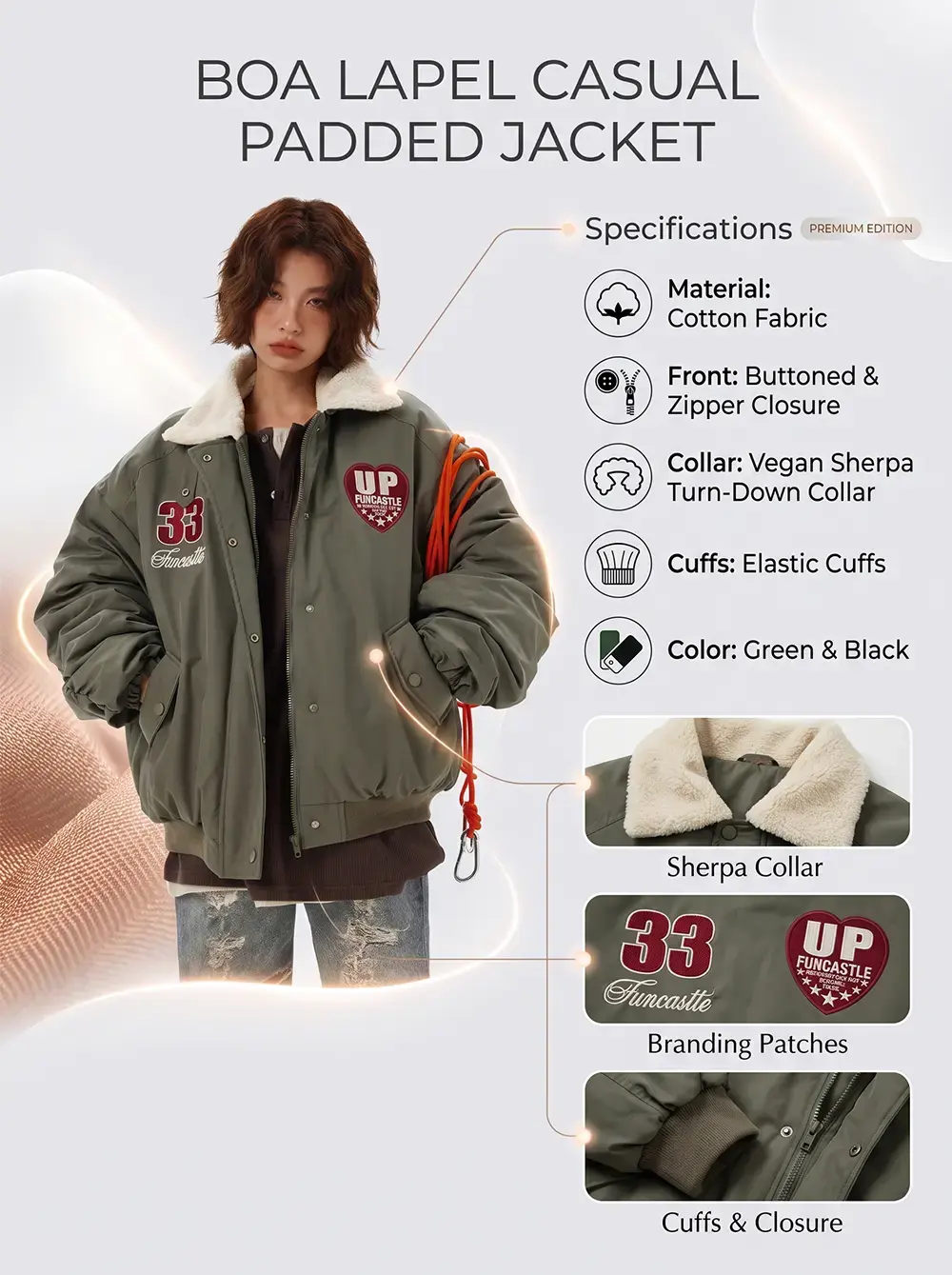women's oversized olive green padded bomber jacket featuring a plush cream-colored sherpa collar, red "Funcastle" embroidered patches, and ribbed cuffs.