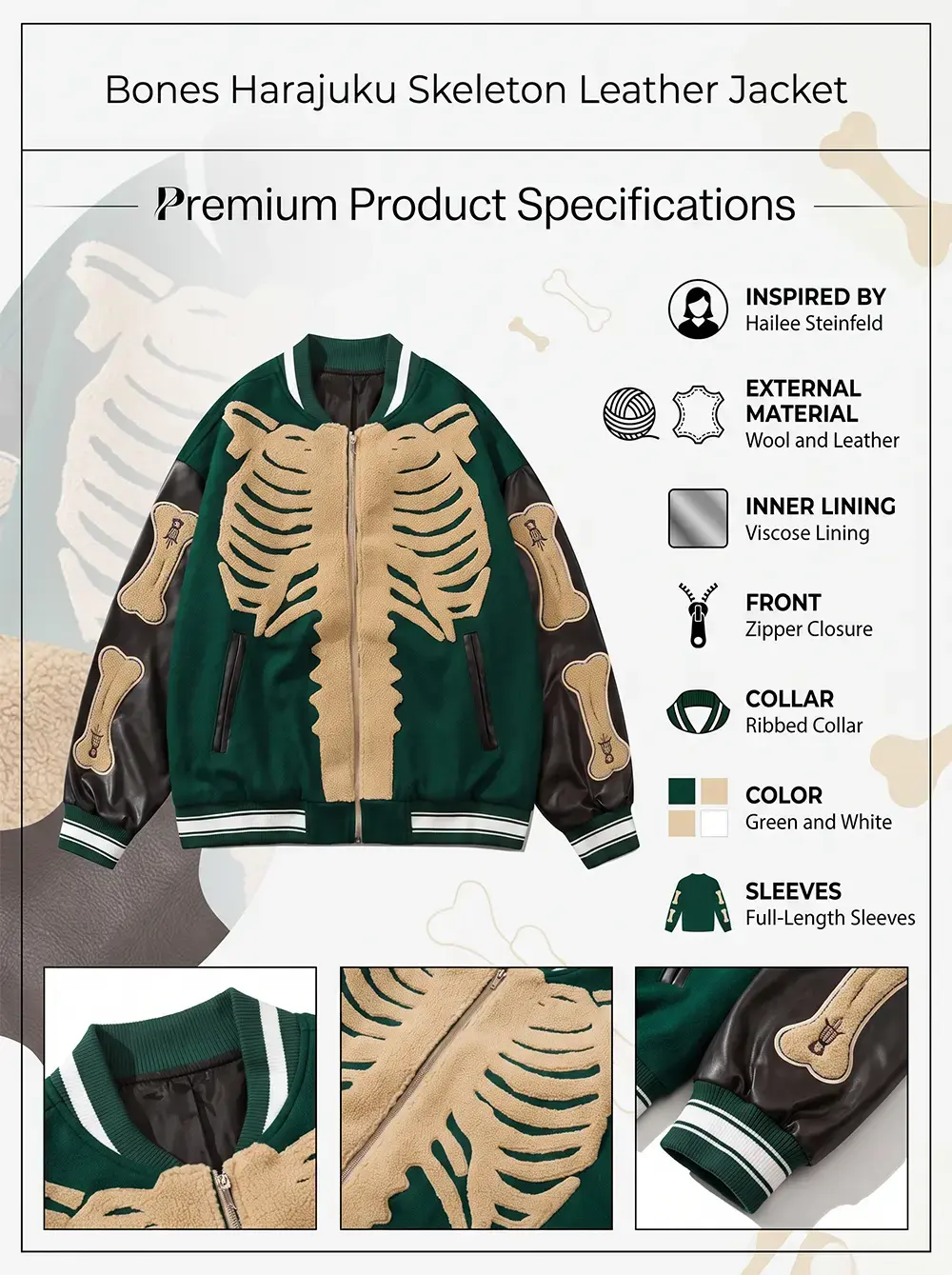 Harajuku varsity style jacket featuring a cream textured skeleton bone patchwork design.