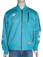 Front view of a black Boomslank x M.RAGE Arsenal bomber jacket featuring orange accents and industrial hardware.